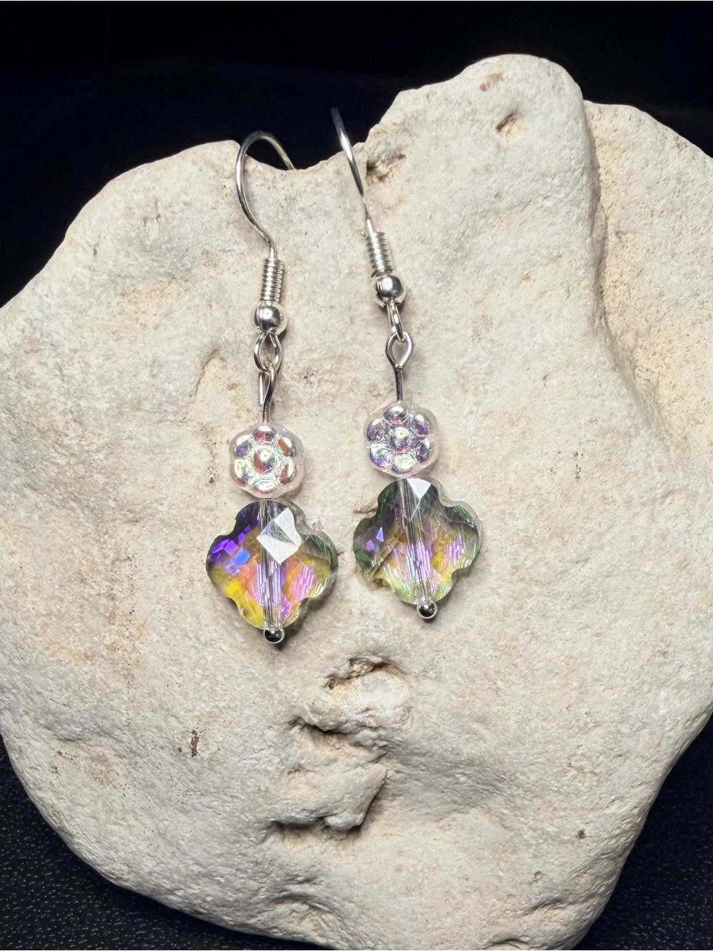 ✨Handmade✨Silver Iridescent Purple & Yellow Glass Earrings - Hypoallergenic